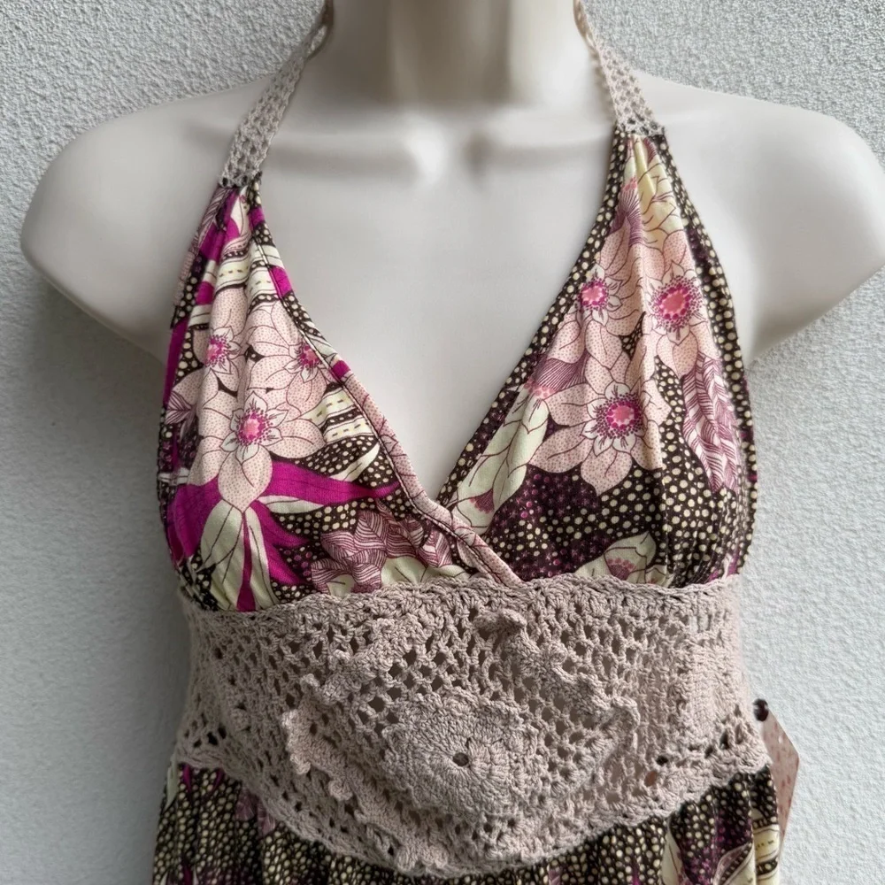 Free People Kitschy Floral Print & Crochet Halter Large